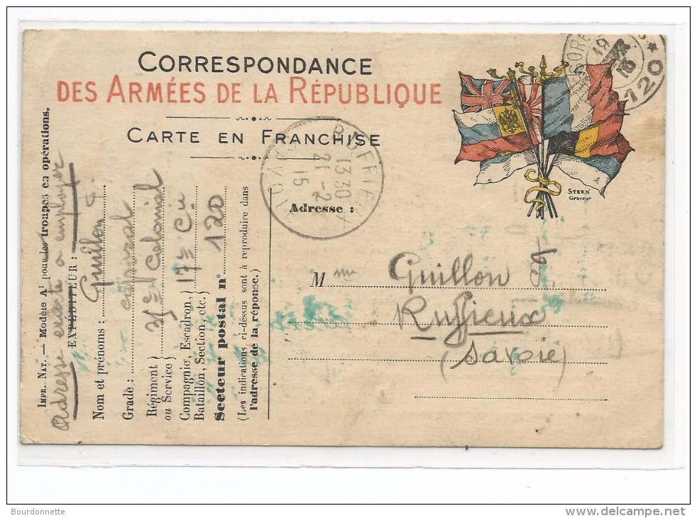 Correspondance Des Armées De La Republique Carte En Franchise Expédiée Par Un Légionnaire A RUFFIEUX-SAVOIE - Ruffieux