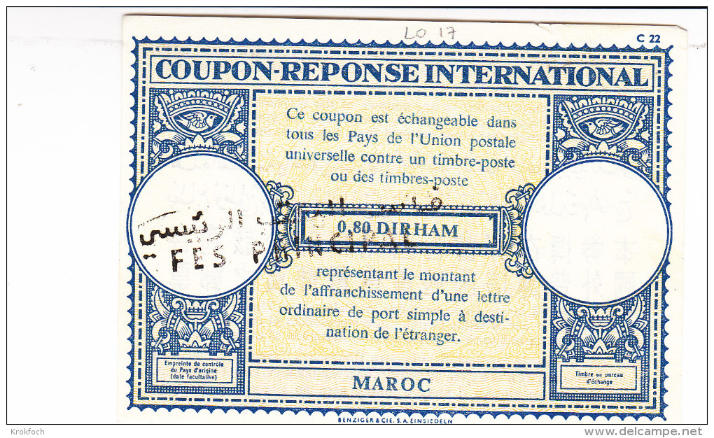 Coupon Réponse Maroc 0,80 Dirham - Fes Principal - Modèle Lo 17 -  Reply ICR CRI - Coupons-réponse