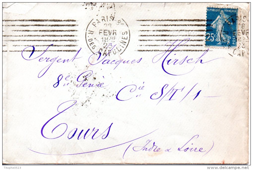 FRANCE. Enveloppe De 1923. 25c Type Semeuse Fond Plein Sans Sol. Complètement Décentré. - 1921-1960: Modern Period