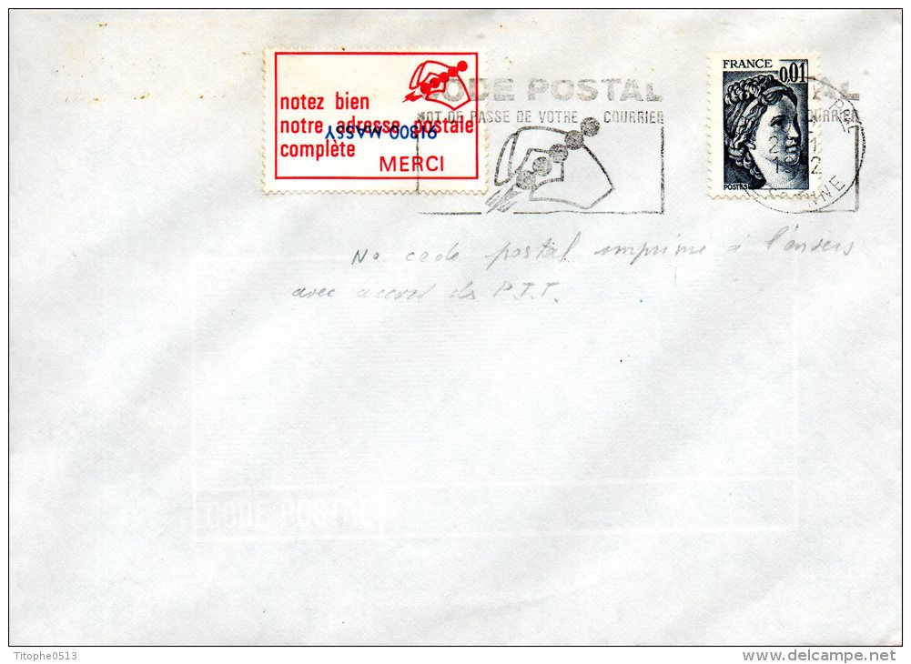 FRANCE. Enveloppe Ayant Circulé En 1982 + Vignette. Code Postal. - Zipcode