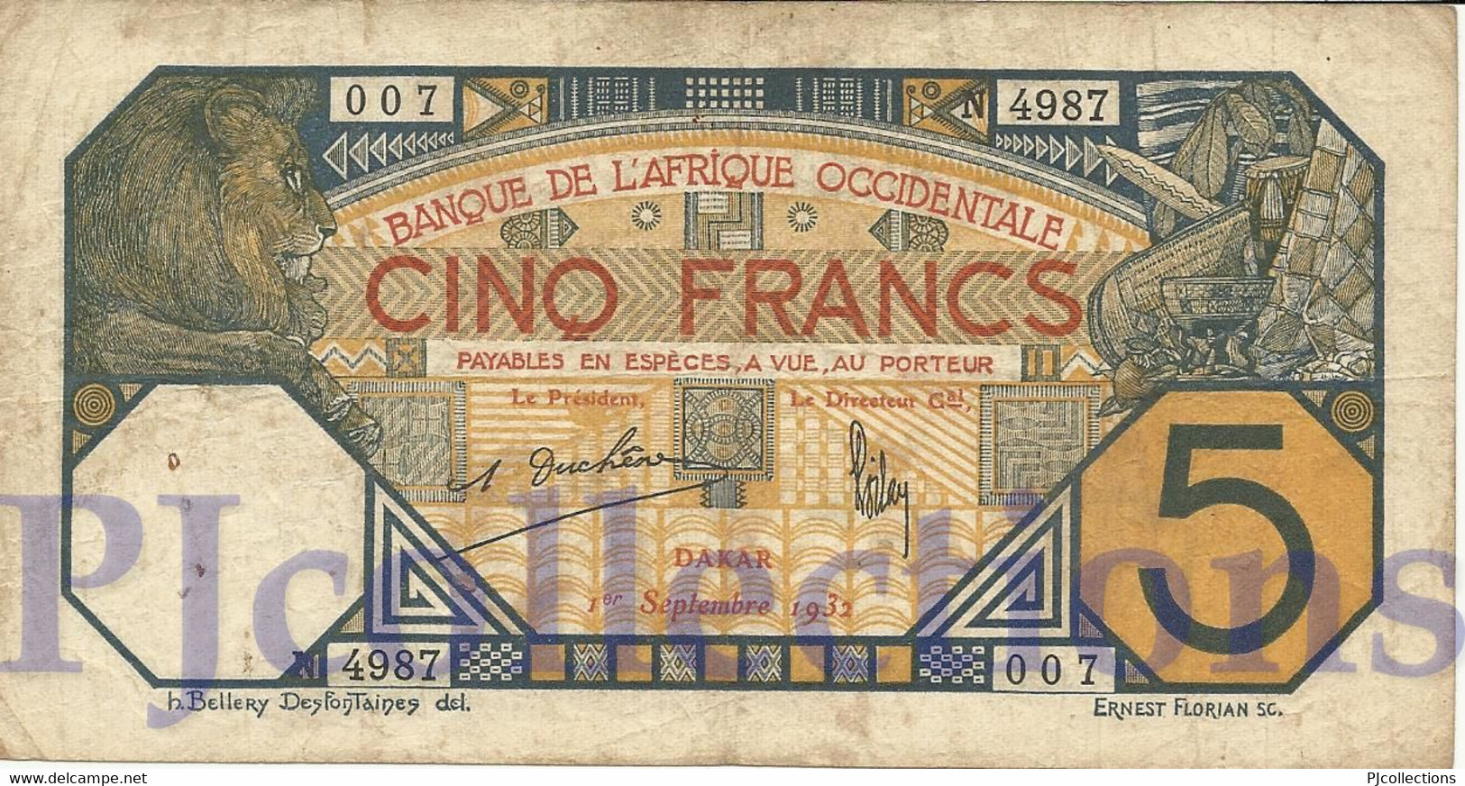 FRENCH WEST AFRICA 5 FRANCS 1932 PICK 5Bf F/VF - Estados De Africa Occidental