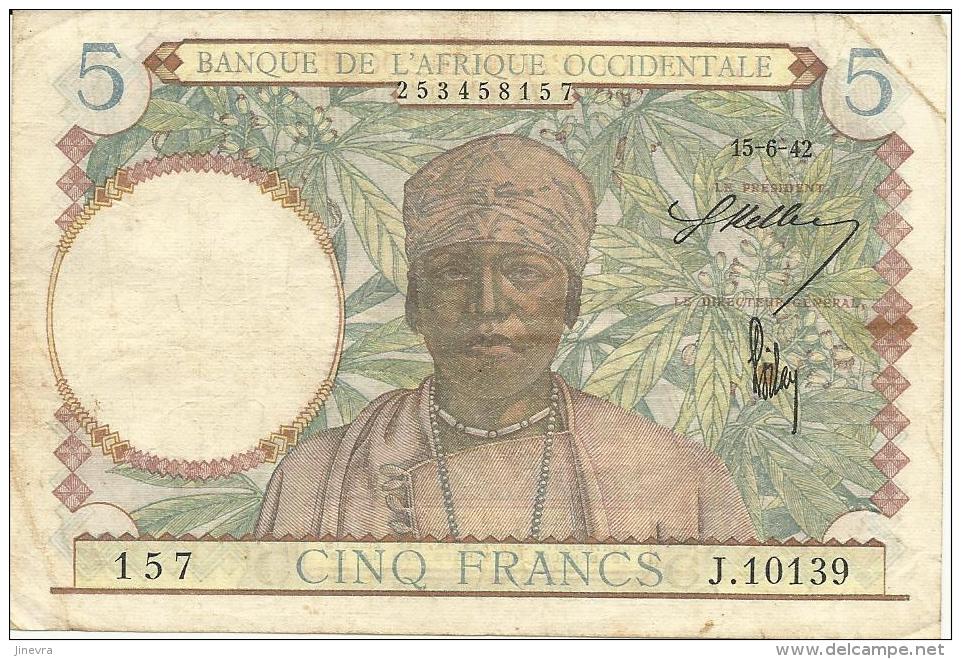 FRENCH WEST AFRICA 5 FRANCS 1942 PICK 25 VF - Sonstige – Afrika