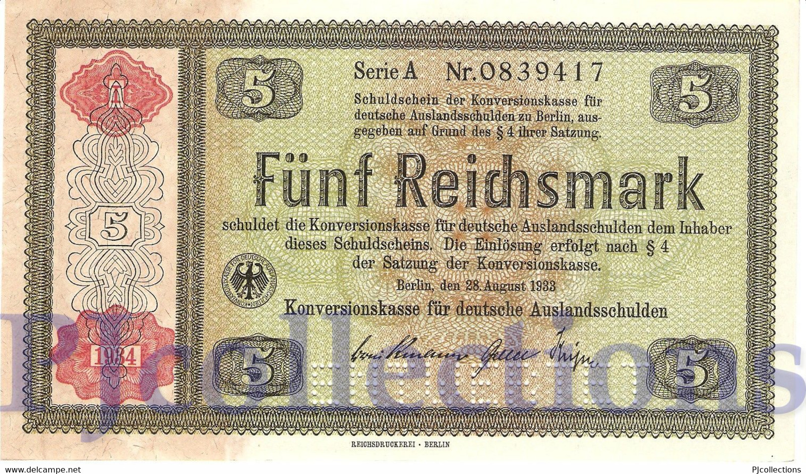 GERMANY 5 REICHMARK 1934 PICK 207 AUNC PERFORATED "ENTWERTET" - 5 Reichsmark