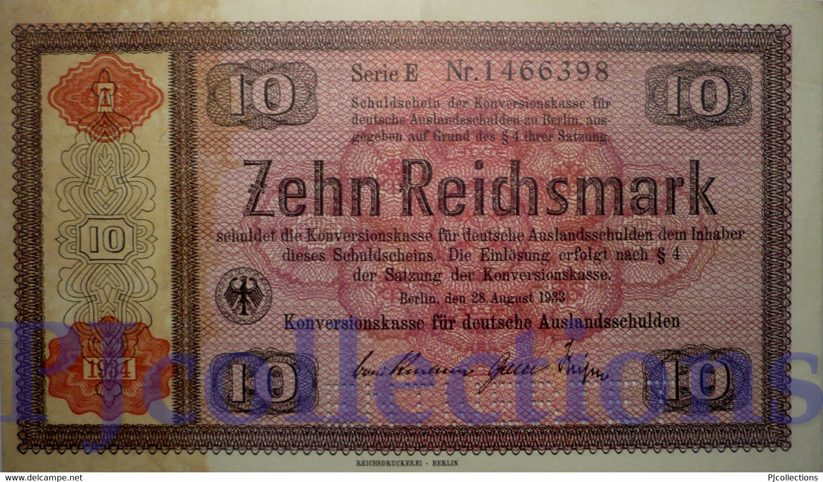 GERMANY 10 REICHSMARK 1934 PICK 208 AUNC PERFORATED "ENTWERTET" - 10 Reichsmark