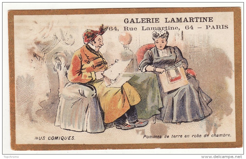 CHROMO Galerie Lamartine Nos Comiques Menu Pommes De Terre En Robe De Chambre Couple Fauteuil - Andere & Zonder Classificatie