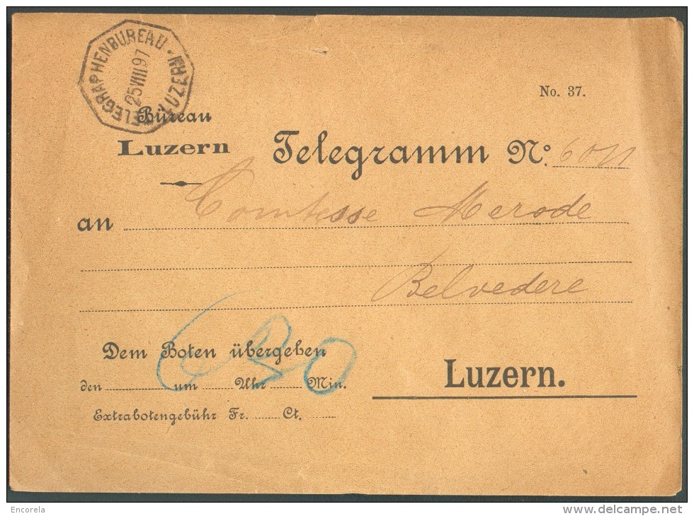 Enveloppe Telegramme Expéédiée De LUZERN (cachet TELEGRAPHEN BUREAU) Le 25-VIII-1897 à La COmtesse De Mérode Au Belveder - Telegrafo