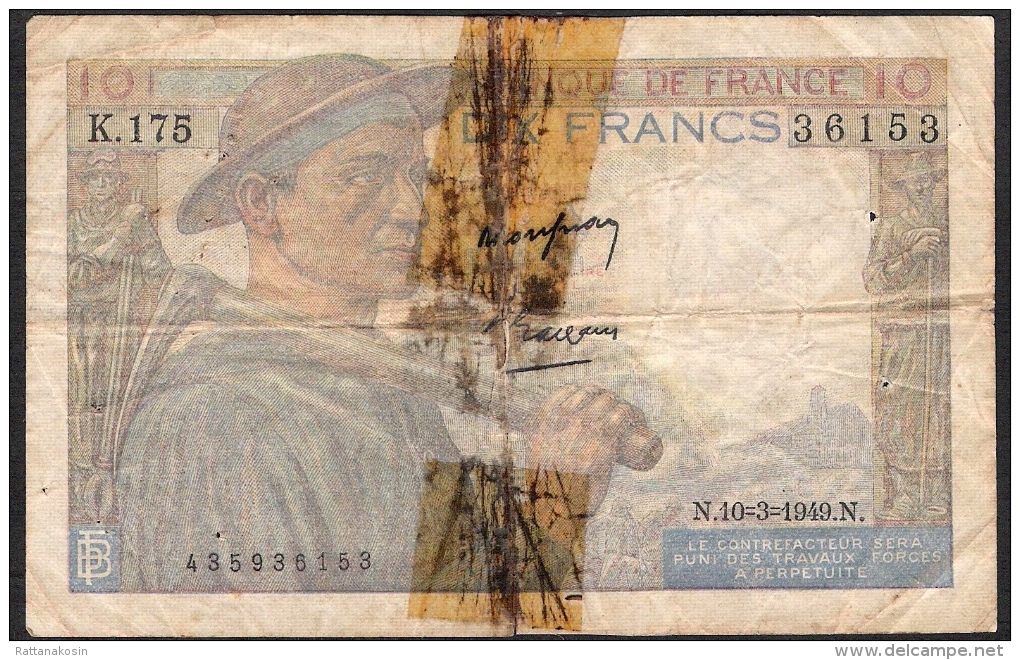 FRANCE  FAY.8.20  10  FRANCS   MINEUR    10.3.1949   Fine / Tape - 10 F 1941-1949 ''Mineur''