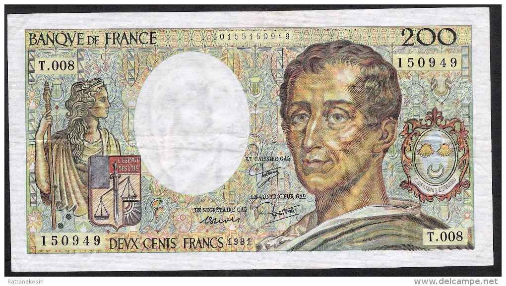 FRANCE  FAY.70.1  200  FRANCS   MONTESQUIEU    1981   VF - 200 F 1981-1994 ''Montesquieu''