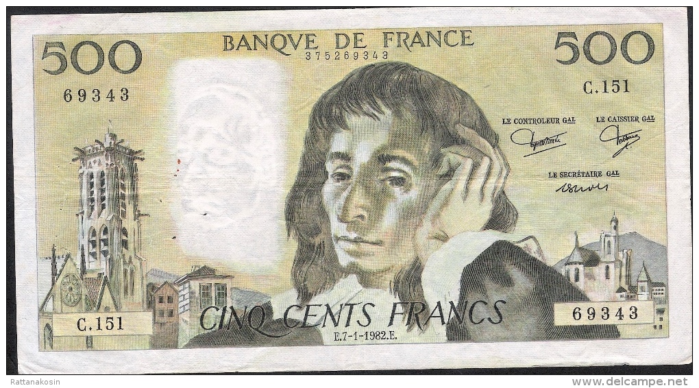 FRANCE  FAY.71.26  500  FRANCS   PASCAL    7.1.1982  VF - 500 F 1968-1993 ''Pascal''