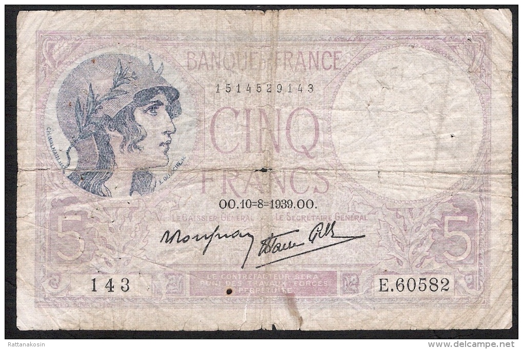 FRANCE  FAY.4.5  5  FRANCS     10.8.1939  FINE - 5 F 1917-1940 ''Violet''