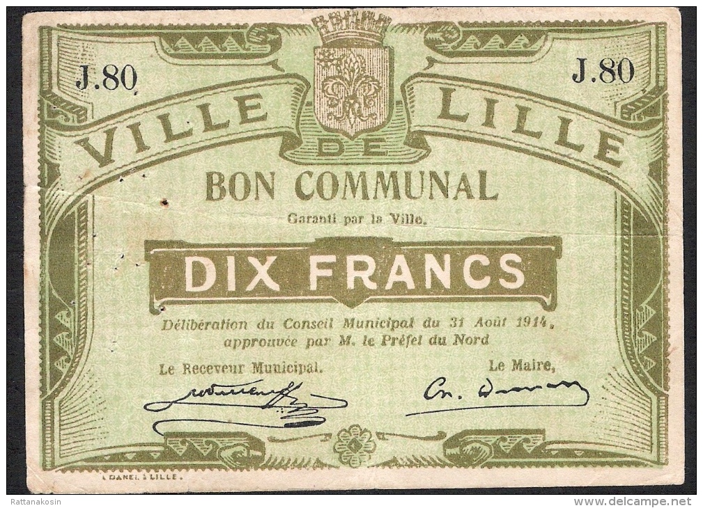 FRANCE  BON COMMUNAL LILLE   10 FRANCS 31 AOUT 1914   VF - Bonos