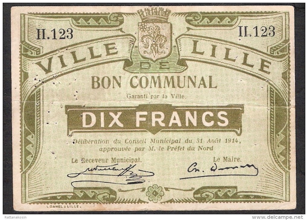 FRANCE  BON COMMUNAL LILLE   10 FRANCS 31 AOUT 1914   VF - Bons & Nécessité