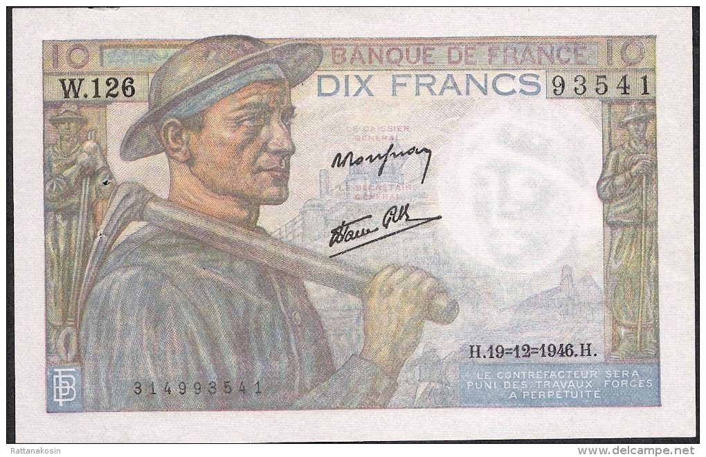 FRANCE  FAY.8.16   10  FRANCS   19.12.1946   ALPHABET RARE W.126  AUNC. 2 P.h. ! ! - 10 F 1941-1949 ''Mineur''