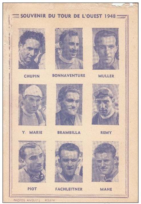 SOUVENIR DU TOUR DE L'OUEST 1948 CHUPIN MAHE FACLEITER MULLER BONNAVENTURE MARIE PIOT REMY BRAMBILLA - Cyclisme