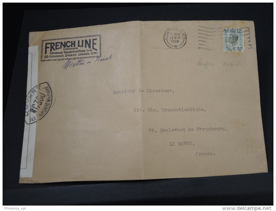 GRANDE - BRETAGNE  PERFORE  C G T  SUR LETTRE AVEC CENSURE 1939 A VOIR LOT 2563 - Perfins