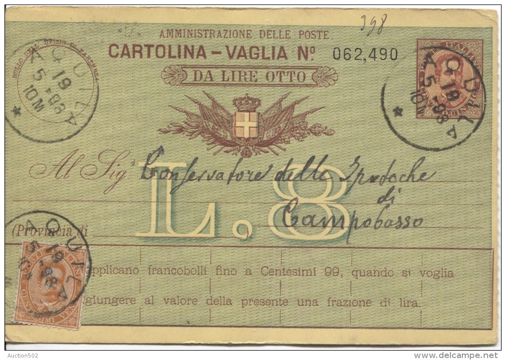 Italia/Italy/Italie Amministrazione Delle Poste Cartolina-Vaglia Da Lire Otto C.Aquila 1893 Campobrasso PR1902 - Interi Postali