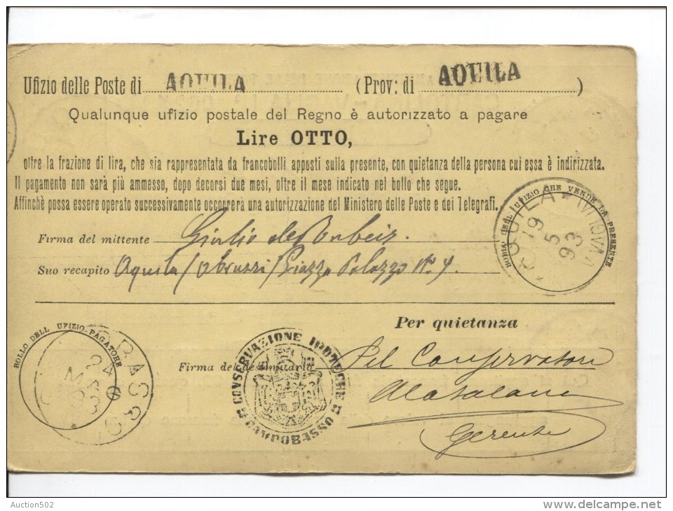 Italia/Italy/Italie Amministrazione Delle Poste Cartolina-Vaglia Da Lire Otto C.Aquila 1893 Campobrasso PR1902 - Interi Postali