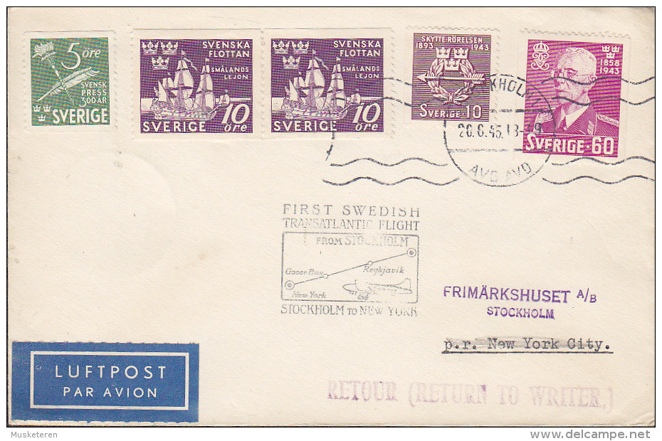 Sweden Luftpost Par Avion Label First Swedish Transatlantic Flight 1945 Cover Brief STOCKHOLM - NEW YORK Purple Retour - Lettres & Documents