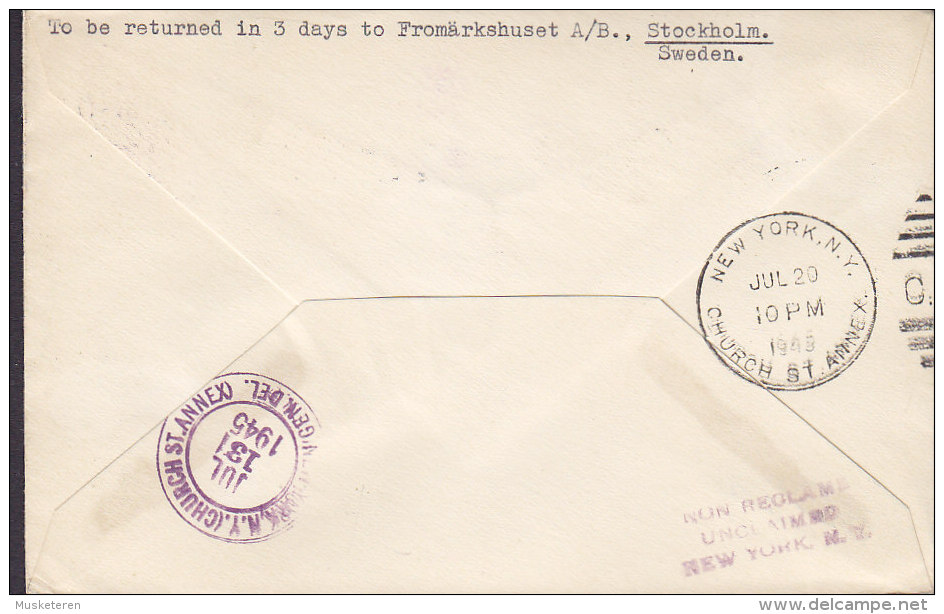 Sweden Luftpost Par Avion Label First Swedish Transatlantic Flight 1945 Cover Brief STOCKHOLM - NEW YORK Purple Retour - Covers & Documents