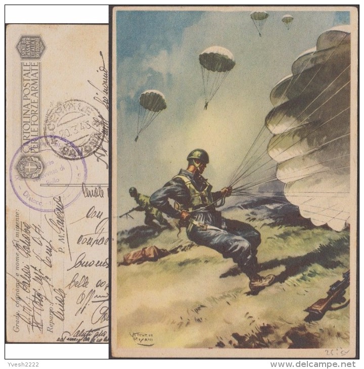 Italie 1943. Carte Utilisée En Franchise Militaire. Illustration De Vittorio Pisani. Soldats Parachutistes. Atterrissage - Parachutespringen