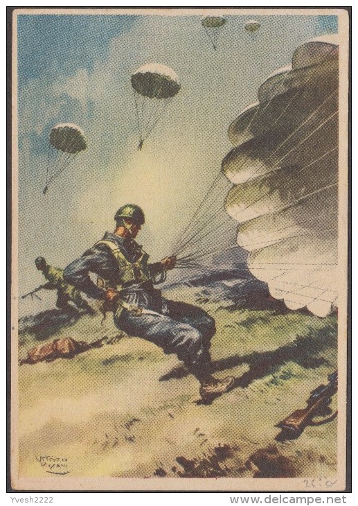 Italie 1943. Carte Utilisée En Franchise Militaire. Illustration De Vittorio Pisani. Soldats Parachutistes. Atterrissage - Fallschirmspringen