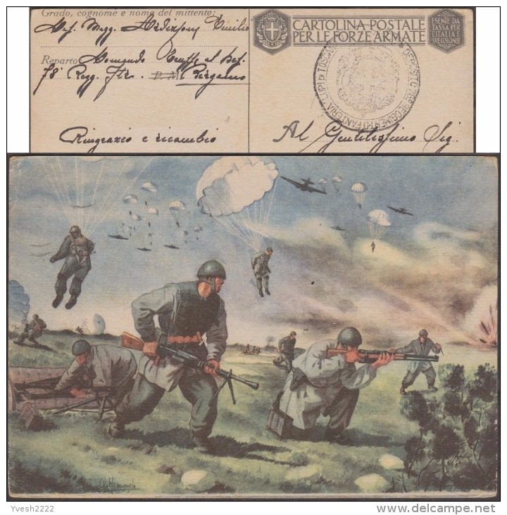 Italie 1942. Carte Utilisée En Franchise Militaire. Soldats Parachutistes. Atterrissage Et Au Combat - Fallschirmspringen