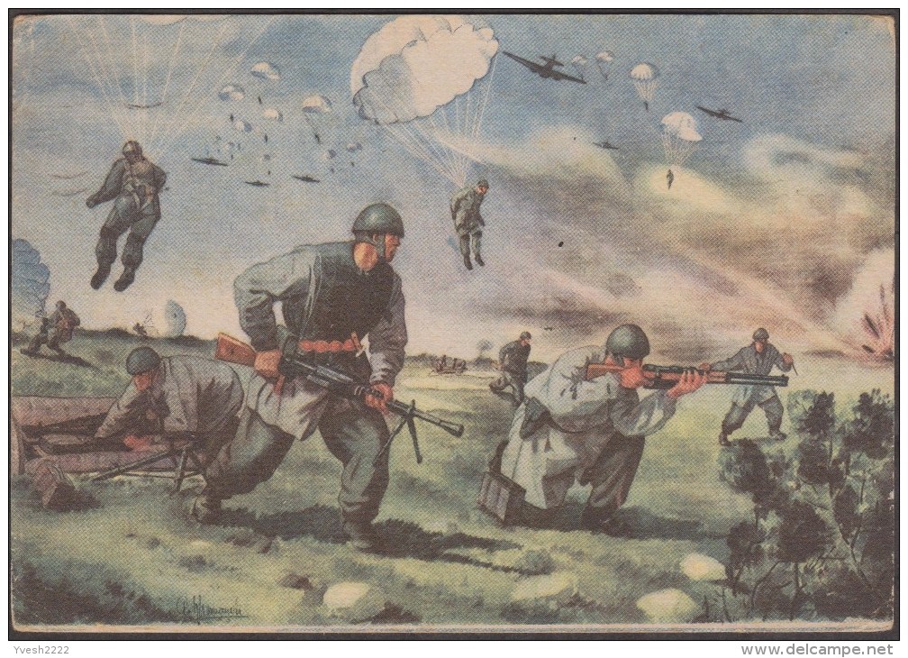 Italie 1942. Carte Utilisée En Franchise Militaire. Soldats Parachutistes. Atterrissage Et Au Combat - Paracaidismo