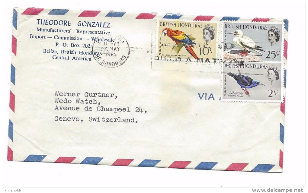 British Honduras 1965 BELIZE,  3 Stamps BIRDS, RED FOOTED BOOBY,  SCARLET MACAW, RED-LEGGED  HONEYCREEPER, Lettre Pour L - Parrots