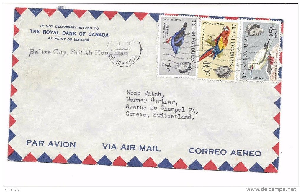 British Honduras 1964 BELIZE,  3 Stamps BIRDS, RED FOOTED BOOBY,  SCARLET MACAW, RED-LEGGED  HONEYCREEPER, Lettre Pour L - Pappagalli & Tropicali