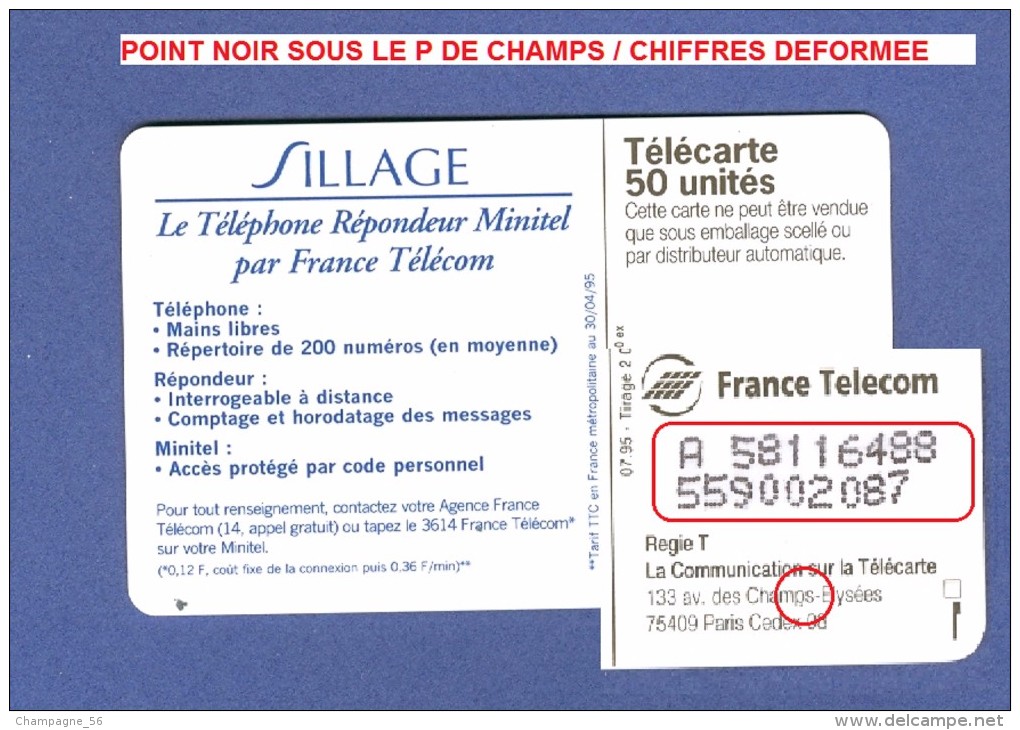 * 07 / 1995  SILLAGE   F569 V3  970  SO3 POINT NOIR SOUS LE " P " DE CHAMPS UNITEE 50  UTILISÉE - Fehldrucke