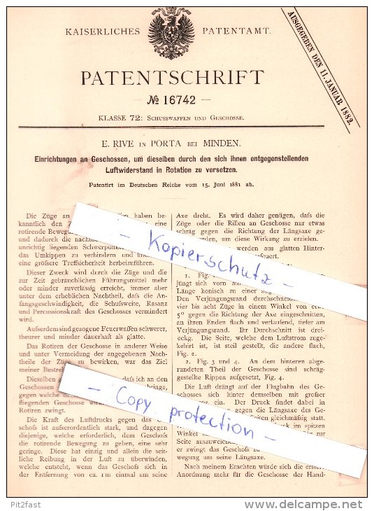 Original Patent - E. Rive In Porta Westfalica Bei Minden , 1881 , Einrichtungen An Geschossen !!! - Porta Westfalica