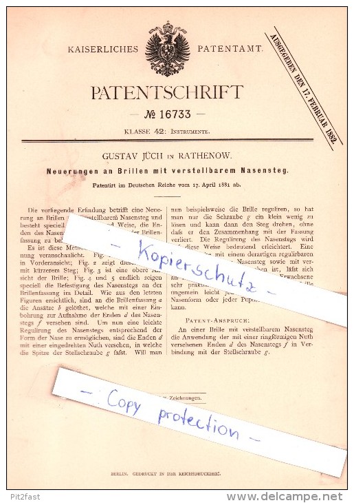 Original Patent - Gustav Jüch In Rathenow , 1881 , Neuerungen An Brillen Mit Nasensteg !!! - Rathenow