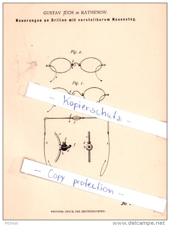 Original Patent - Gustav Jüch In Rathenow , 1881 , Neuerungen An Brillen Mit Nasensteg !!! - Rathenow