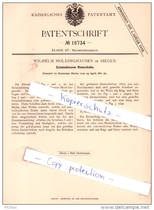 Original Patent - Wilhelm Holdinghausen In Siegen , 1881 , Schmiedeiserne Riemscheibe !!! - Siegen