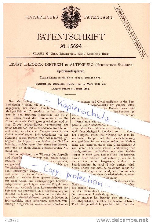 Original Patent - E. T. Dietrich In Altenburg , Herzogtum Sachsen , 1881 , Spiritusmeßapparat !!! - Altenburg