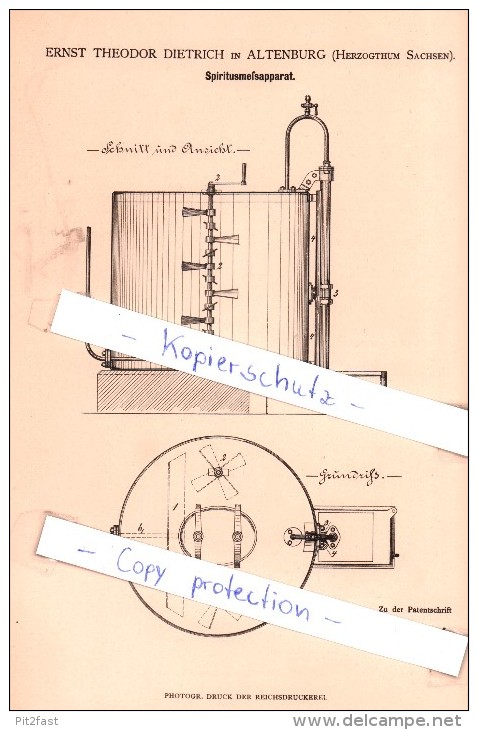 Original Patent - E. T. Dietrich In Altenburg , Herzogtum Sachsen , 1881 , Spiritusmeßapparat !!! - Altenburg