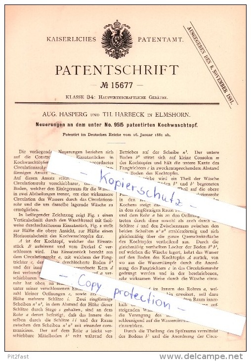 Original Patent - Aug. Hasperg Und Th. Harbeck In Elmshorn , 1881 , Kochwaschtopf !!! - Elmshorn