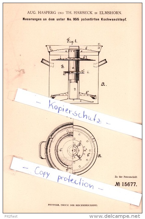 Original Patent - Aug. Hasperg Und Th. Harbeck In Elmshorn , 1881 , Kochwaschtopf !!! - Elmshorn