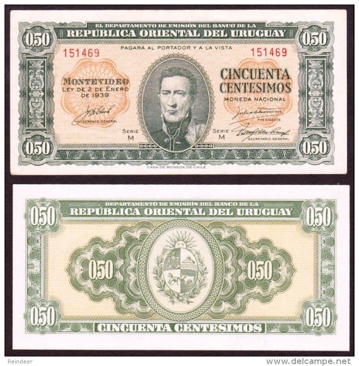 * URUGUAY: 50 Centésimos Serie M (1939-66) UNC - Uruguay