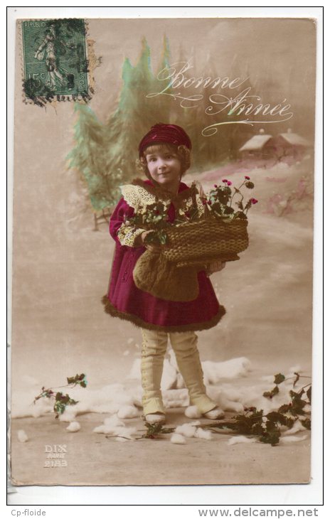 ENFANT . " BONNE ANNÉE " . FILLETTE ET PANIER DE FLEURS - Réf. N°8444 - - Portraits