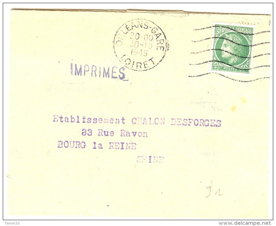 LGM FRANCE - MAZELIN 0f80 AU TARIF IMPRIMES DU 1/3/1945  ORLEANS / BOURG LA REINE 30/10/1945 - 1945-47 Cérès De Mazelin