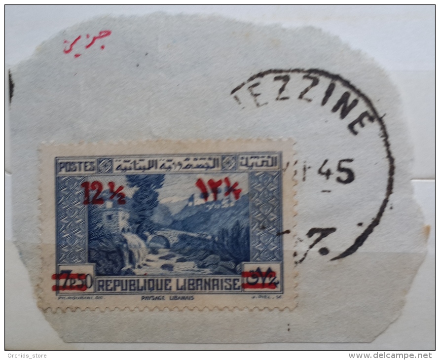 YA13 Lebanon RARE Postmark: 1945 " DJEZZINE " Circular Type - On Piece W/ 12p50 Ovpt On 7p50 Paysage Libanais Stamp - Libanon