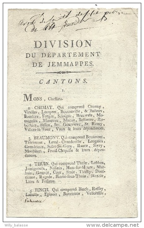 Imprimé Reprenant Les Communes Du Département De Jemmappes : Mons, Chimay, Beaumont, Thuin, Binche, Roeulx, Paturages, . - Documents Historiques