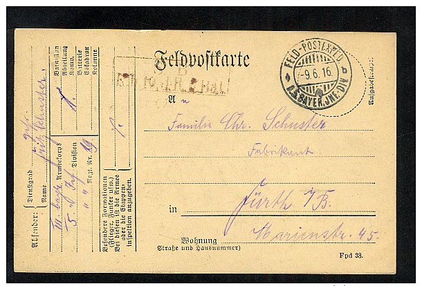 Germany 1916 Feldpost Postcard Feldpostcarte (S752) - Covers & Documents