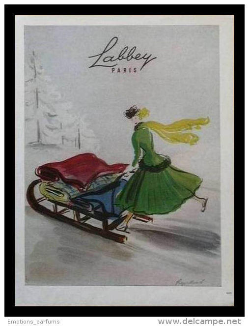 Pub Papier 1948 Mode Tissu Textile LABBEY  Tissus Beauté Femme Luge Traineau Patin à Glace Dessin Regis Manset - Publicités