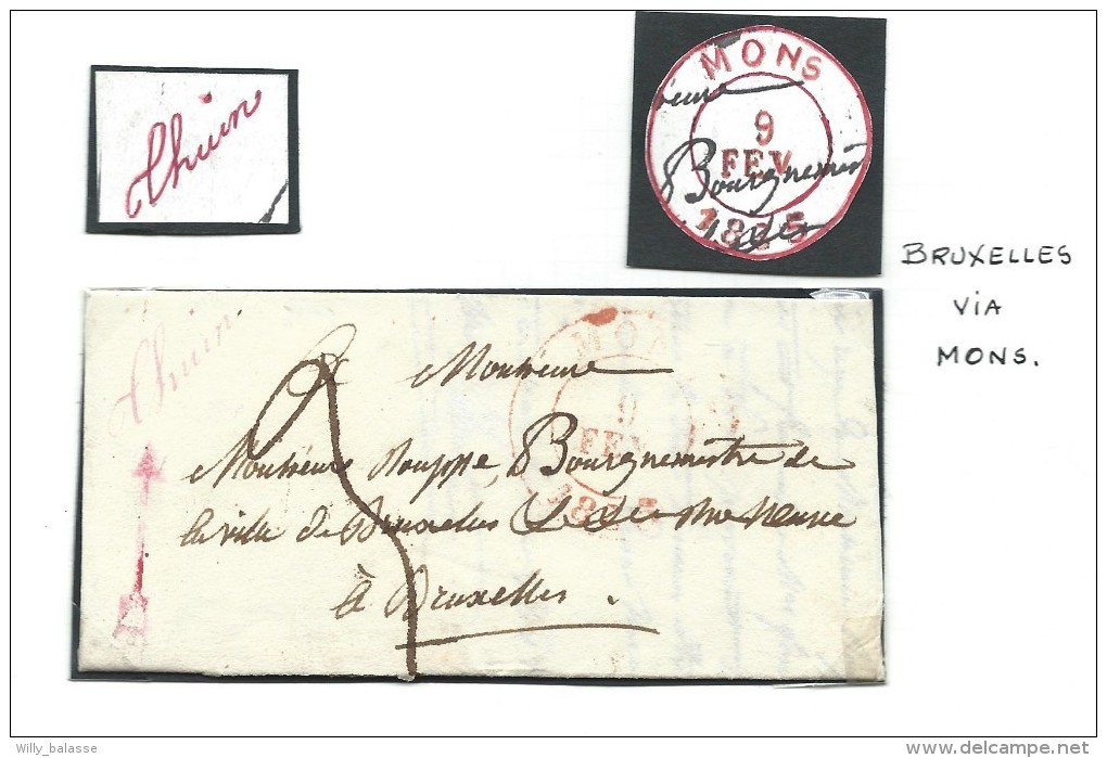 L. Càd MONS/1835 Manuscrit Distribution "Thuin" En Rouge Pour Bruxelles RR - 1830-1849 (Belgica Independiente)