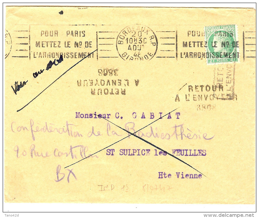 LGM FRANCE - MAZELIN 2f SEUL SUR LETTRE AU TARIF IMPRIMES DU 8/7/1947 - 1945-47 Ceres (Mazelin)