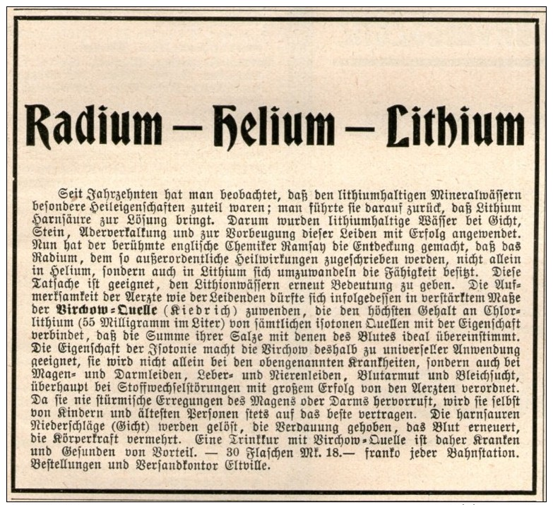 Original-Werbung/ Anzeige 1908 - RADIUM - HELIUM - LITHIUM / VIRCHOW - QUELLE (KIEDRICH) - Ca. 90 X 80 Mm - Werbung