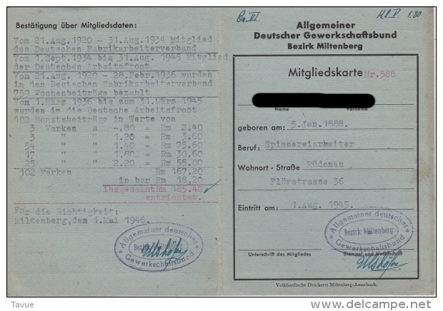 Mitgliedskarte Des Allgemeinen Deutschen Gewerkschaftsbundes - Documenti Storici