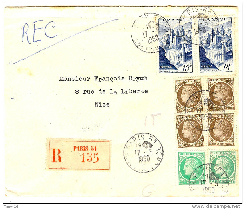 LGM FRANCE - MAZELIN 2f50x4+2fx2+CONQUES 18fx2 SUR LE REC DU 17/5/1950 TARIF REC.DU 1/7/1949 - 1945-47 Cérès De Mazelin